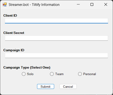 The Setup window requires information from your Tiltify account and active charity campaign: Client ID, Client Secret, and Campaign ID.